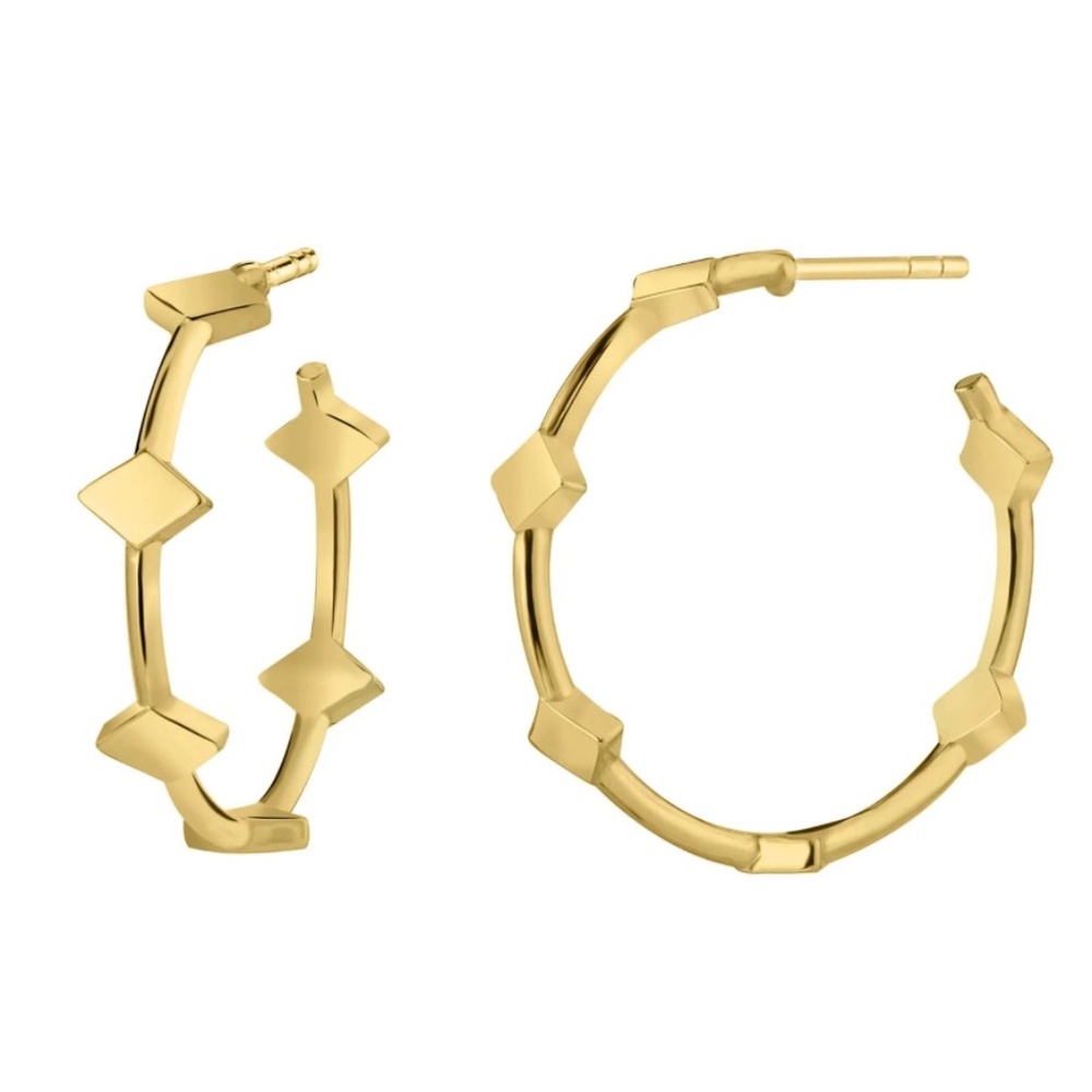 14K Yellow Gold Over Brass Diamond Shape Station Hoops